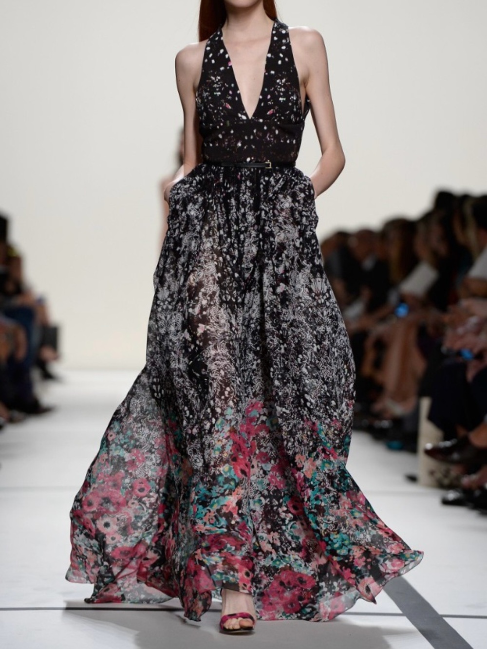Runway style Maxi Dress with Red & Teal Floral Print